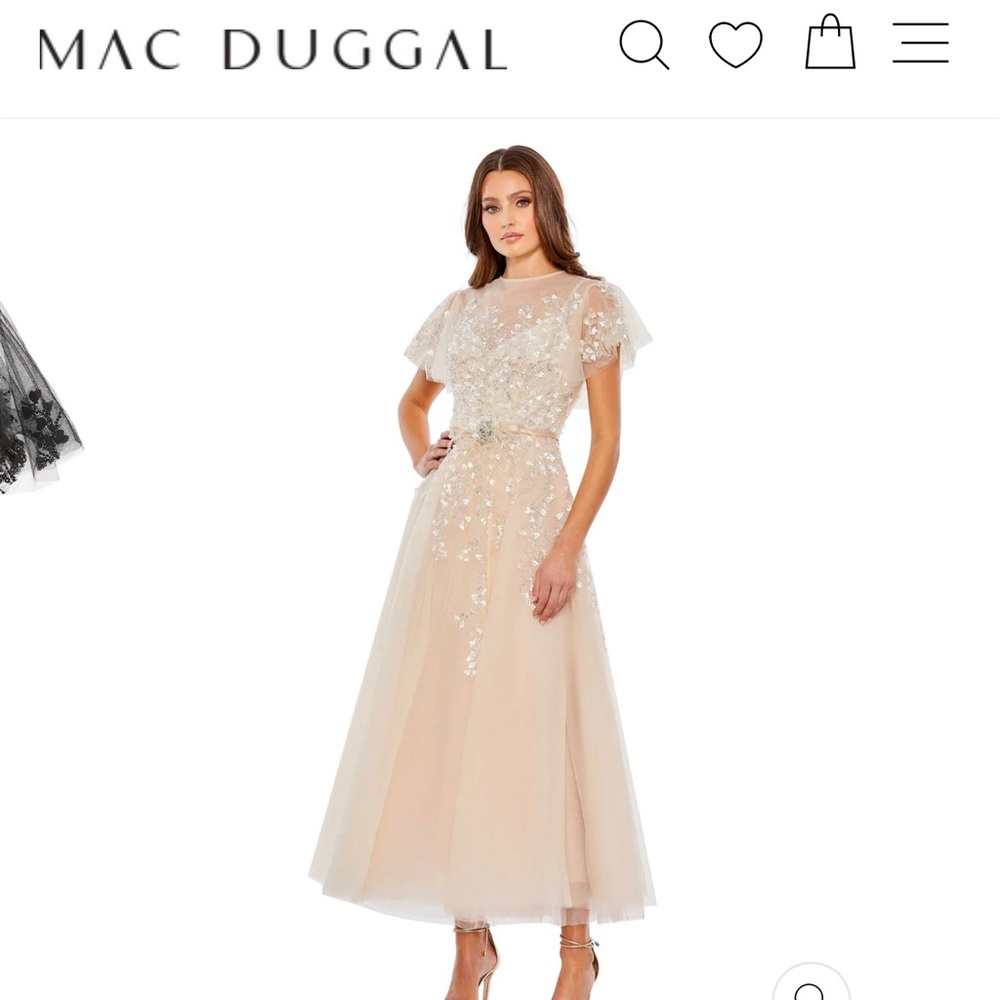 MAC DUGGAL - EMBELLISHED FLUTTER SLEEVE BOW WAIST A LINE DRESS in Nude